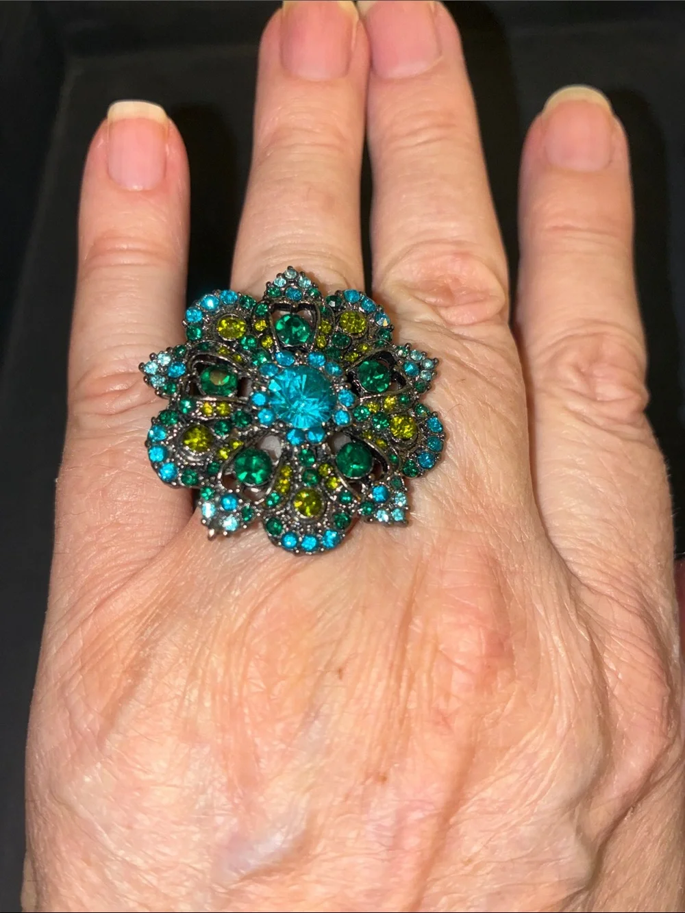 Floral Teal & Green Crystal Cocktail Stretch Ring